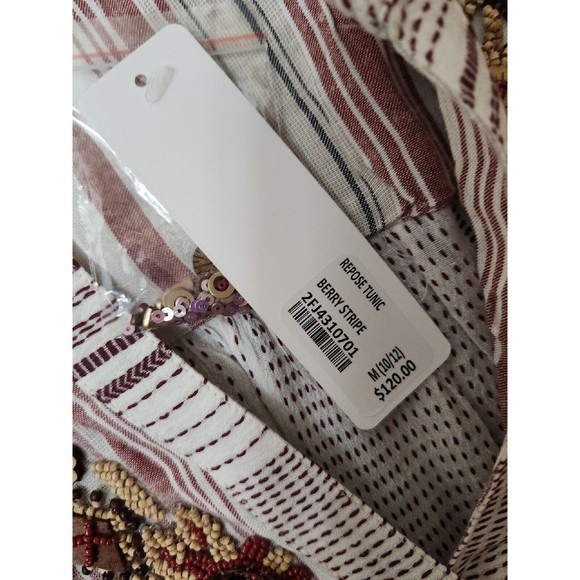Soft Surroundings Beaded Tunic Womens M Repose Berry Stripe Linen Blend NEW - Picture 8 of 12